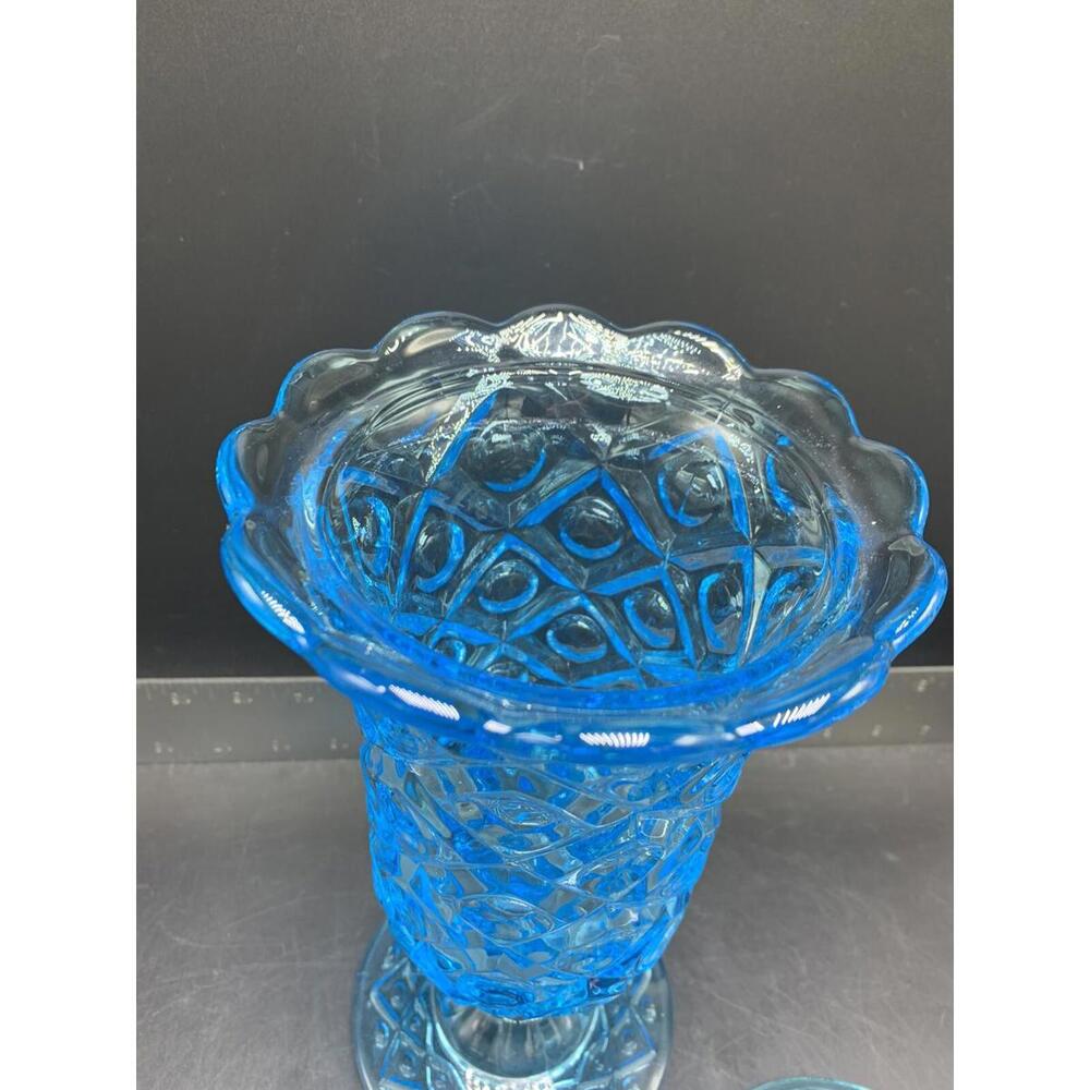 Vintage Blue Glass Candy Covered Lid Dish Vase Pedestal - Picture 6 of 11